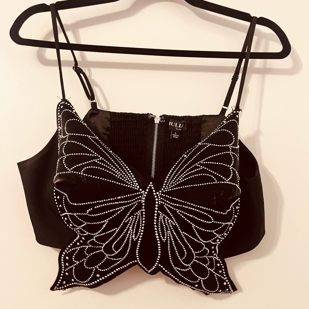 Black Butterfly Embellished Crop Top